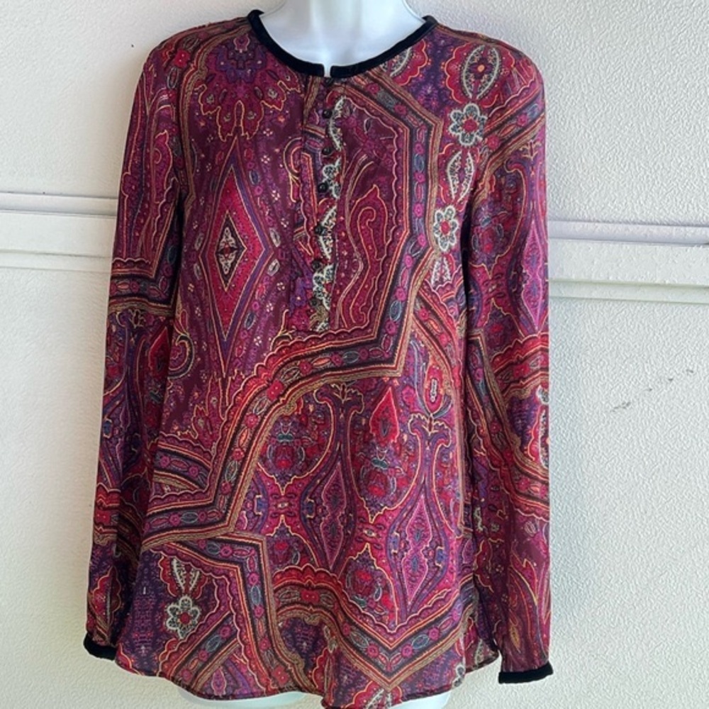 Ralph Lauren Red Paisley Long Sleeve Velvet Trim Satin Top Whimsigoth Small